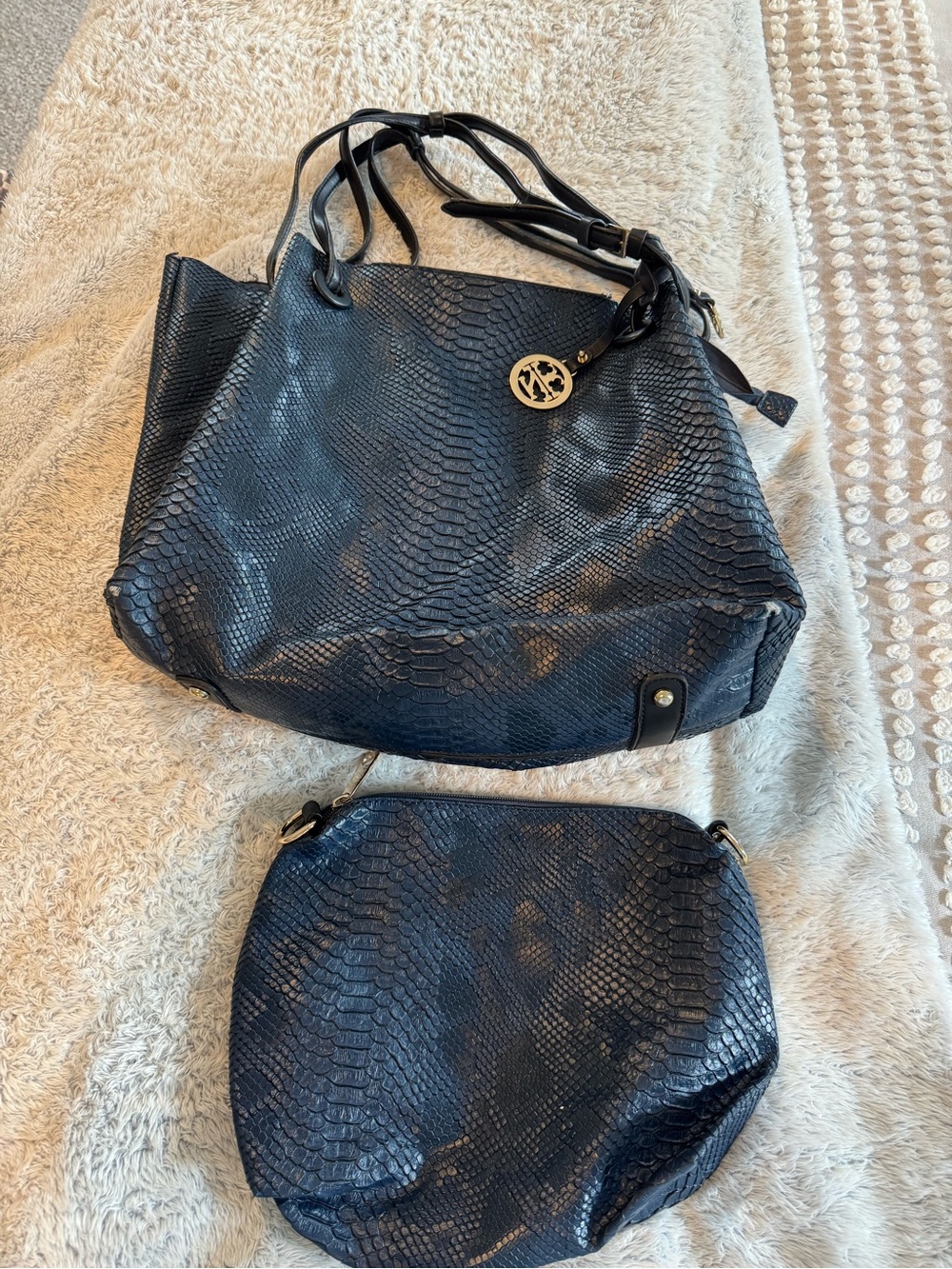 Navy Snake-Texture Tote with Matching Pouch